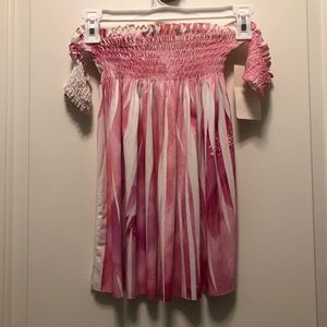 Pink White Off Shoulder Shirred Smock Top XS Small